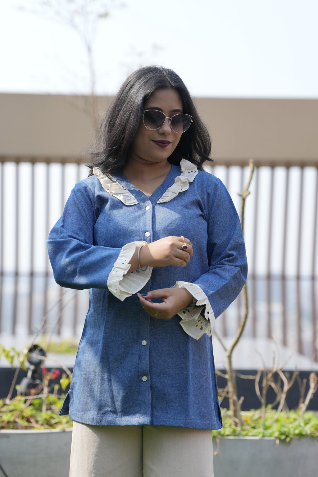 Indigo Denim Full-Sleeve Top with Embroidered Lace Trim