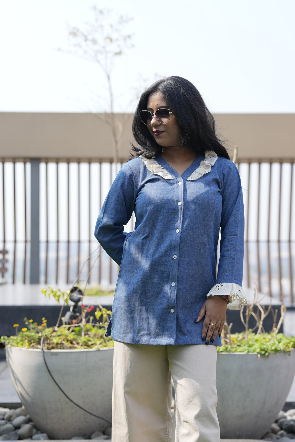 Indigo Denim Full-Sleeve Top with Embroidered Lace Trim
