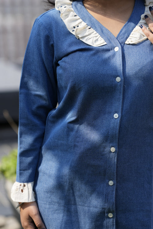Indigo Denim Full-Sleeve Top with Embroidered Lace Trim