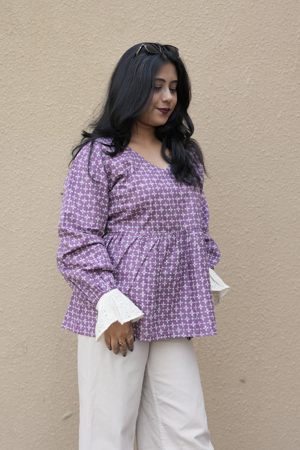 Lavender Printed Cotton Tunic with Bell Lace Cuffs