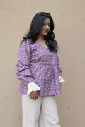 Lavender Printed Cotton Tunic with Bell Lace Cuffs