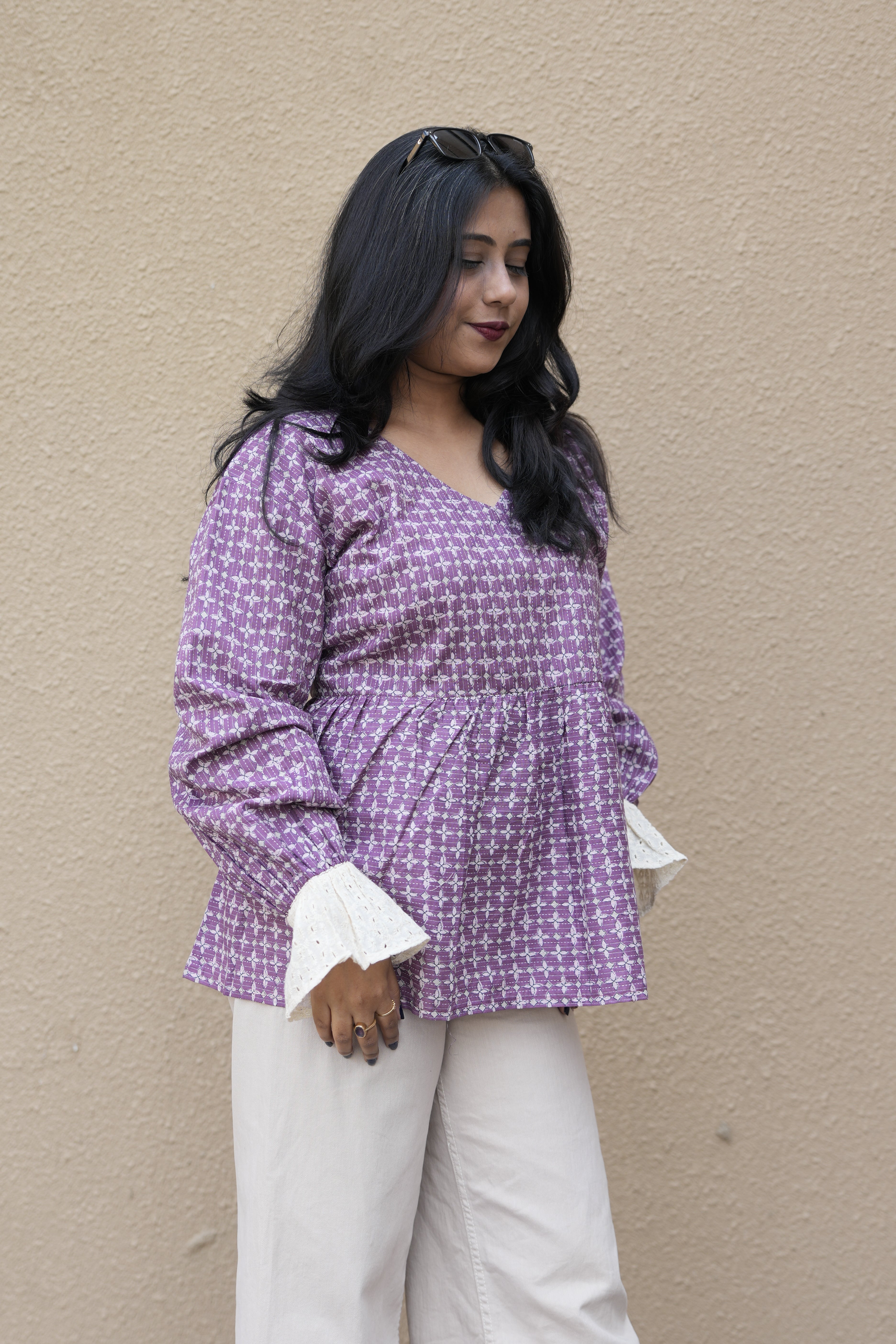 Lavender Printed Cotton Tunic with Bell Lace Cuffs