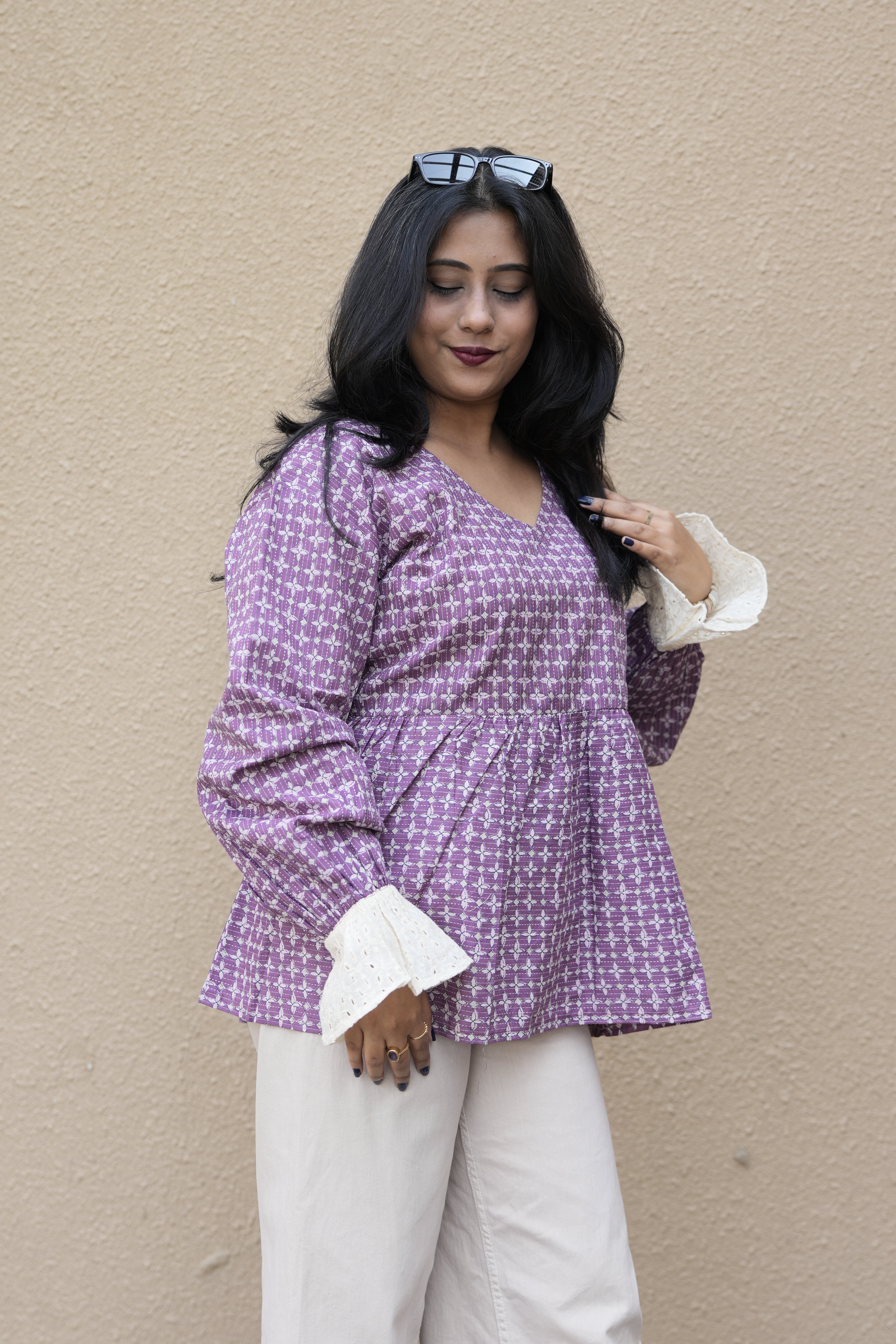 Lavender Printed Cotton Tunic with Bell Lace Cuffs