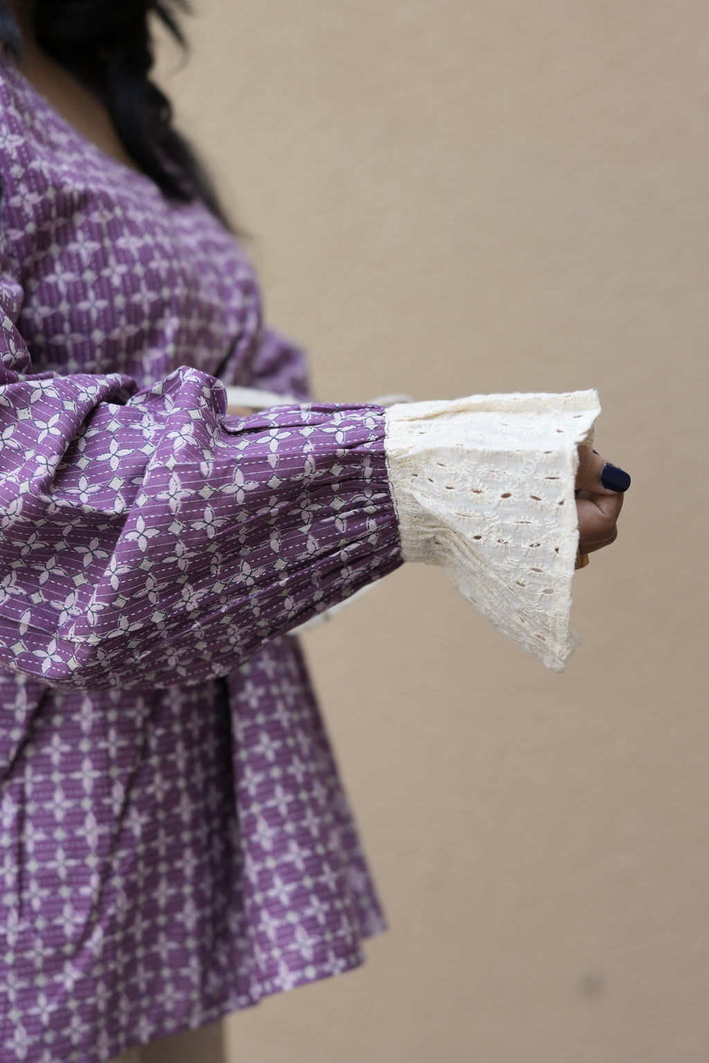 Lavender Printed Cotton Tunic with Bell Lace Cuffs
