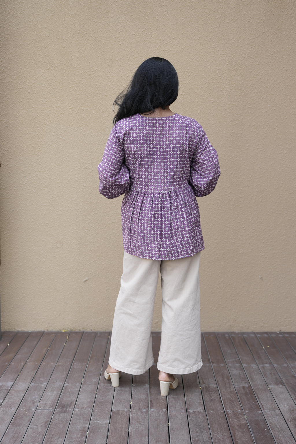 Lavender Printed Cotton Tunic with Bell Lace Cuffs