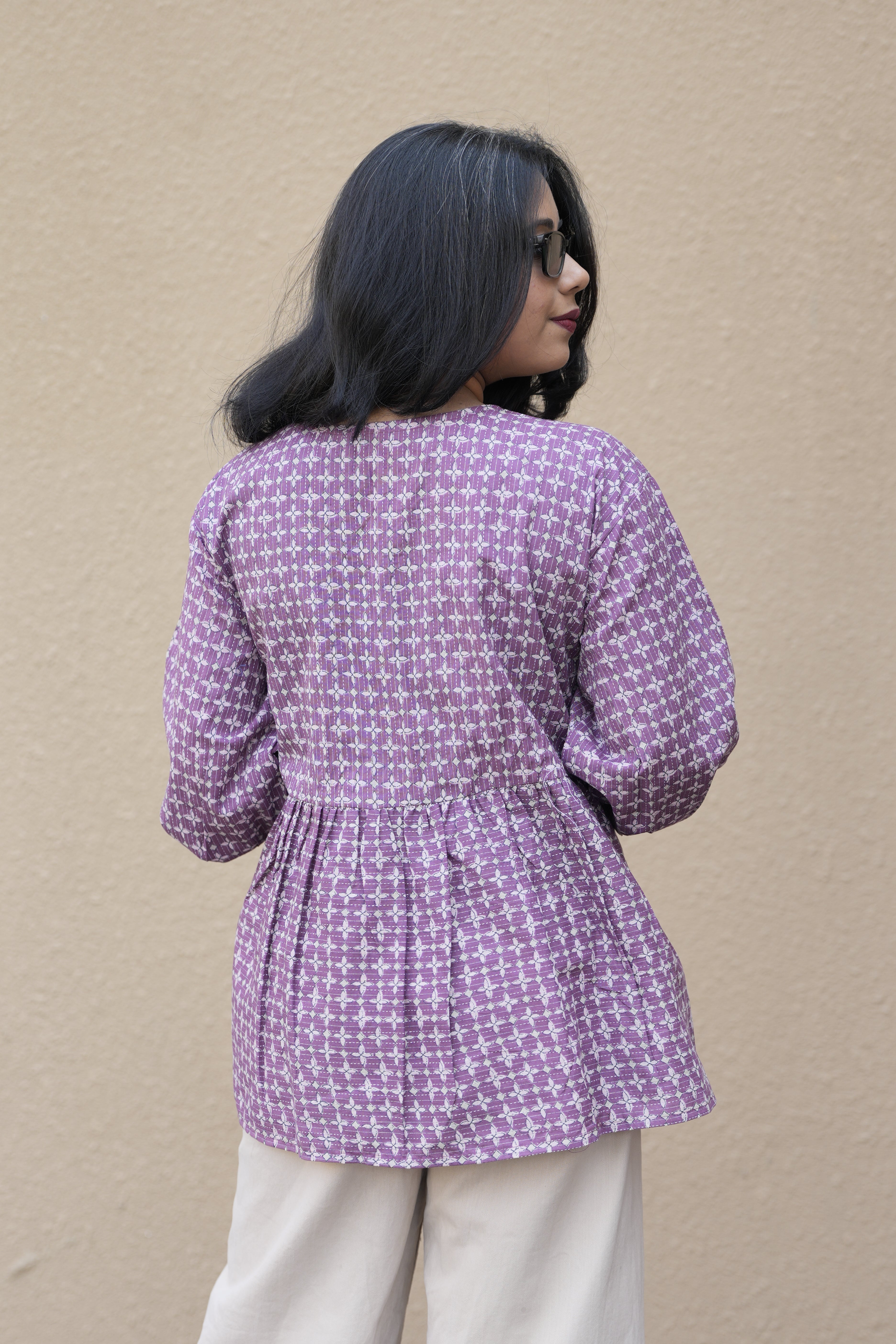 Lavender Printed Cotton Tunic with Bell Lace Cuffs